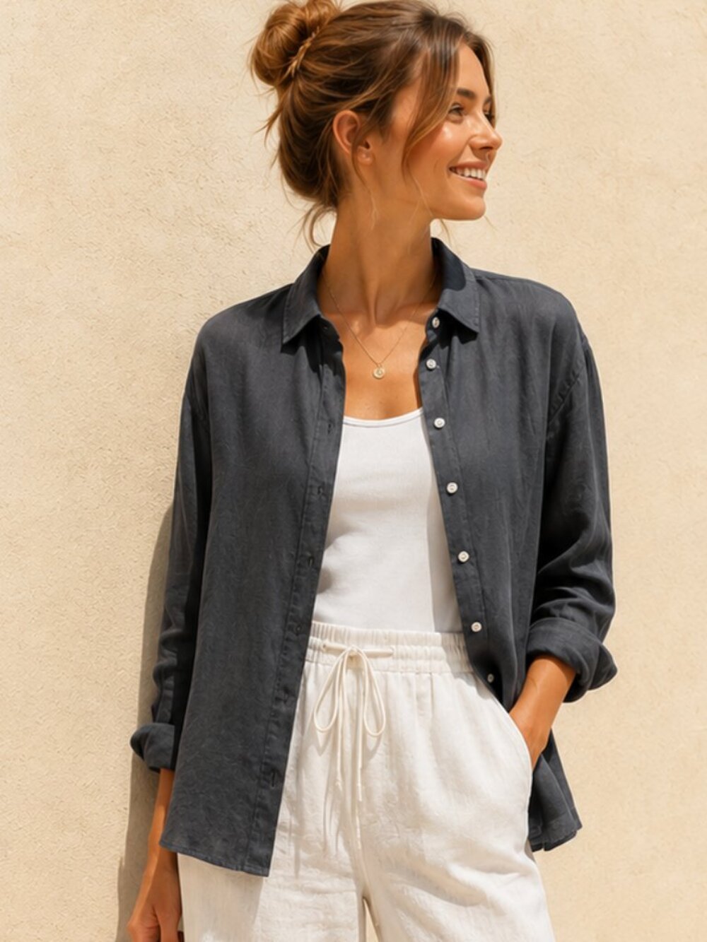 Joie 100% Linen Dark Graphite Button Front Shirt Size L